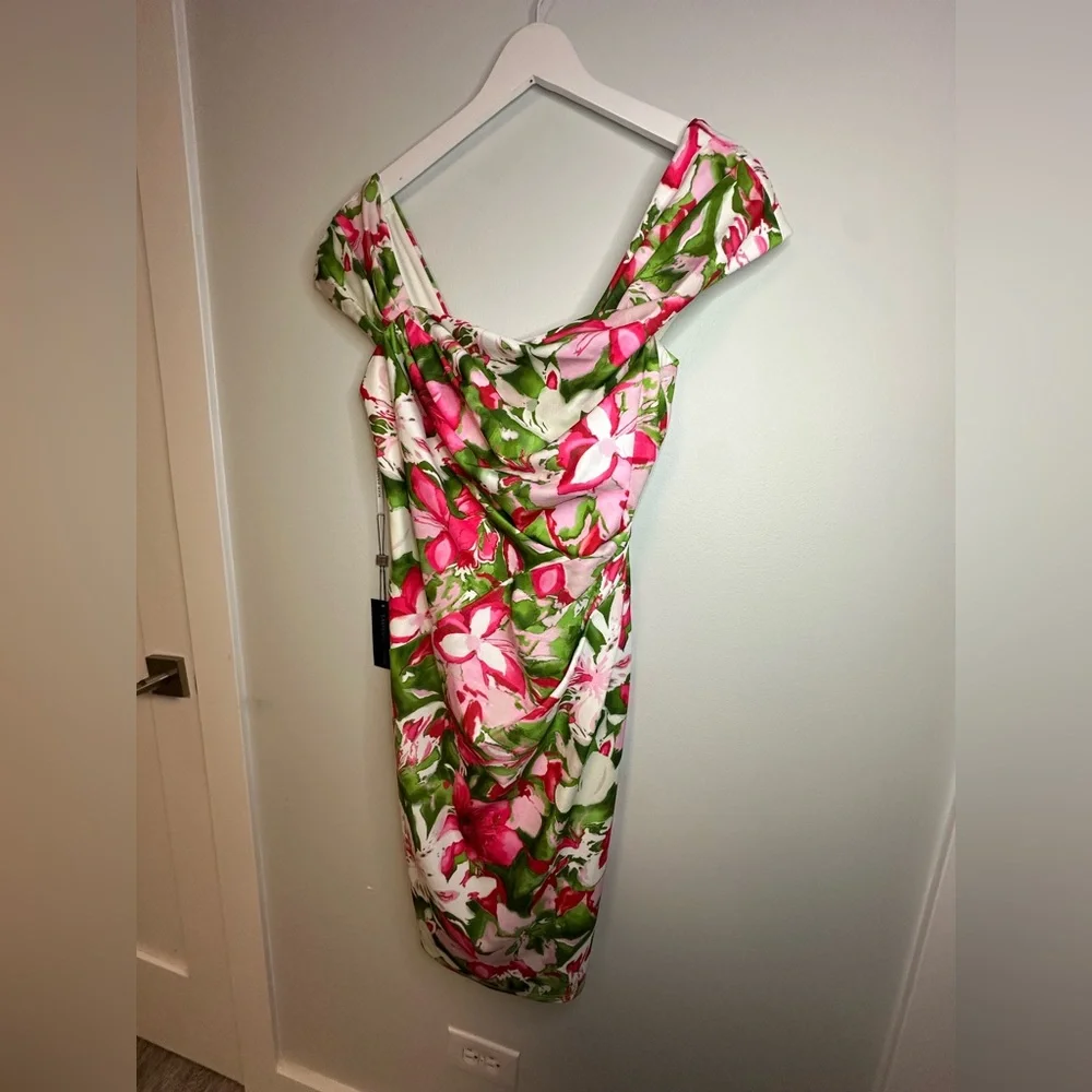 Tadashi Shoji  Floral Summer  Party Cocktail Tropical Midi Dress Size Medium - Picture 9 of 15